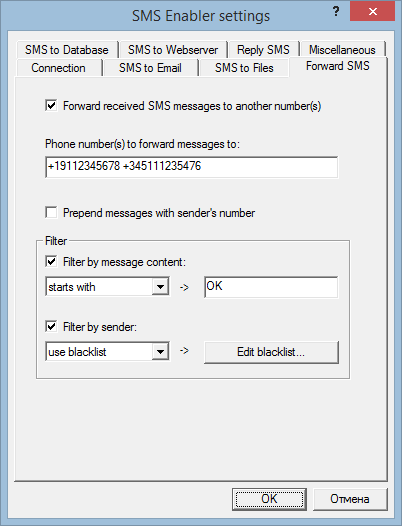 Forward SMS parameters